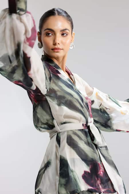 Studio Surbhi_Beige Organza V-neck Abstract Print Jacket And Pant Set _Online_at_Aza_Fashions