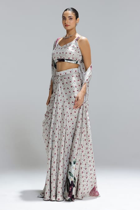 Studio Surbhi_Beige Georgette, Satin Open Neck, Flora Pattern Shurg And Draped Skirt Set _Online_at_Aza_Fashions