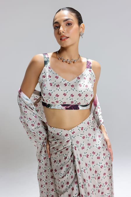 Buy_Studio Surbhi_Beige Georgette, Satin Open Neck, Flora Pattern Shurg And Draped Skirt Set _Online_at_Aza_Fashions