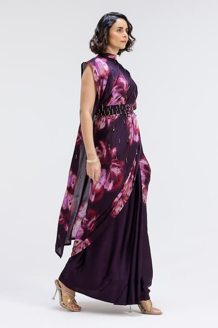 Studio Surbhi_Purple Georgette, Satin Beads, Embroidery High Flora Print Saree Gown With Belt _Online_at_Aza_Fashions
