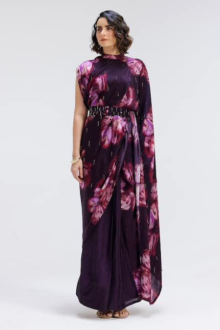Studio Surbhi Purple Georgette, Satin Beads, Embroidery High Flora Print Saree Gown With Belt 
