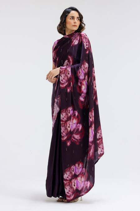 Buy_Studio Surbhi_Purple Georgette, Satin Beads, Embroidery High Flora Print Saree Gown With Belt _Online_at_Aza_Fashions