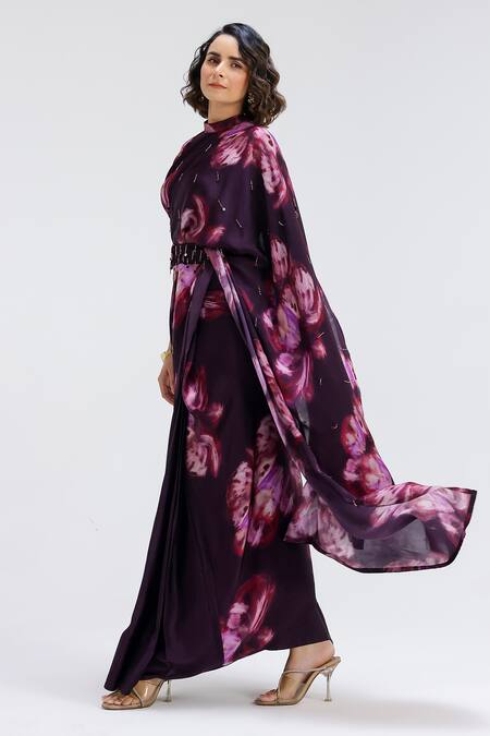 Shop_Studio Surbhi_Purple Georgette, Satin Beads, Embroidery High Flora Print Saree Gown With Belt _Online_at_Aza_Fashions