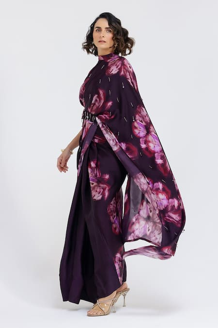 Studio Surbhi_Purple Georgette, Satin Beads, Embroidery High Flora Print Saree Gown With Belt _at_Aza_Fashions