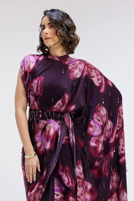 Buy_Studio Surbhi_Purple Georgette, Satin Beads, Embroidery High Flora Print Saree Gown With Belt 