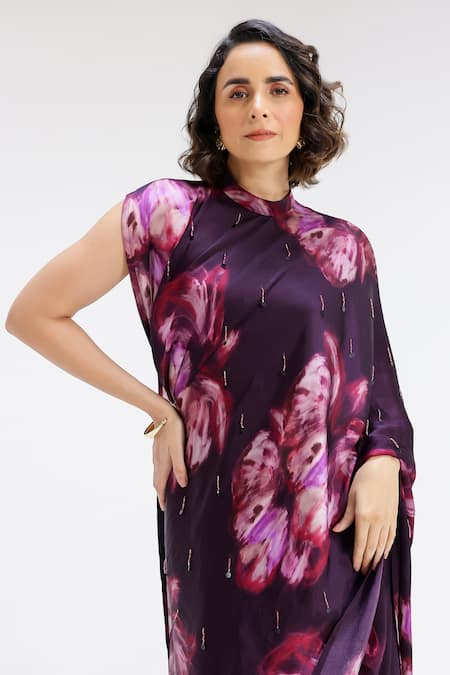 Shop_Studio Surbhi_Purple Georgette, Satin Beads, Embroidery High Flora Print Saree Gown With Belt 