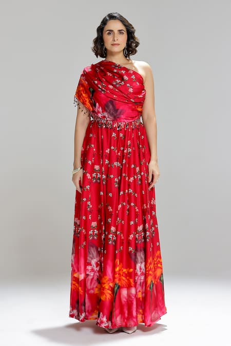 Studio Surbhi Red Georgette, Satin Embroidery, Beads One Shoulder Draped Blouse And Skirt Set 