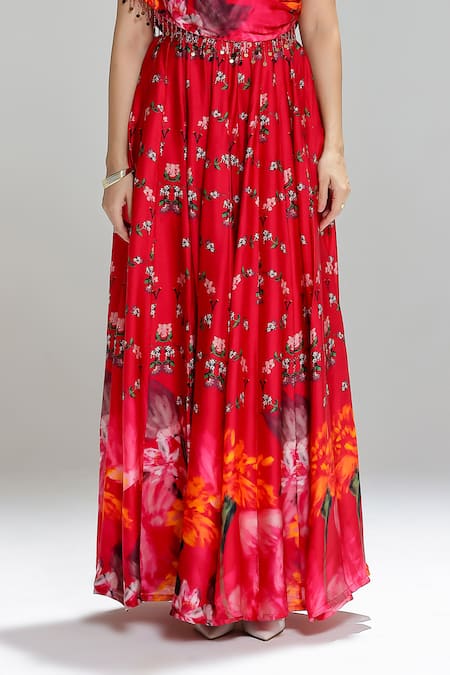 Studio Surbhi_Red Georgette, Satin Embroidery, Beads One Shoulder Draped Blouse And Skirt Set _Online_at_Aza_Fashions