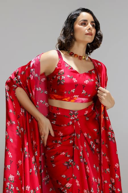 Studio Surbhi_Red Georgette, Satin Open Neck, Flora Pattern Shrug And Flared Skirt Set _Online_at_Aza_Fashions