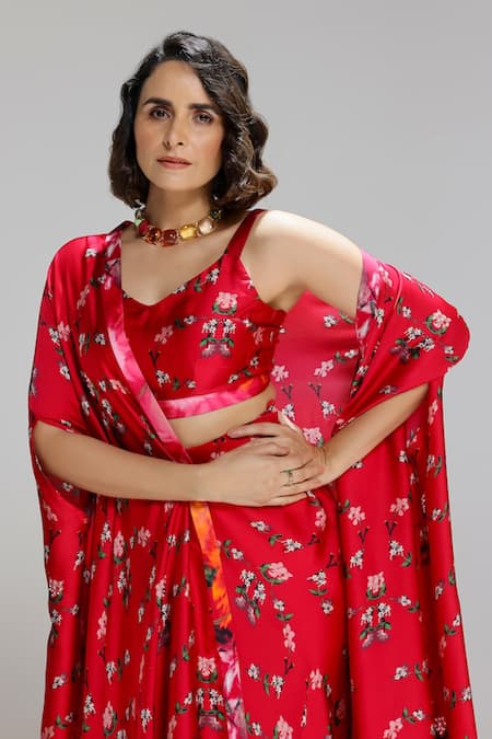 Buy_Studio Surbhi_Red Georgette, Satin Open Neck, Flora Pattern Shrug And Flared Skirt Set _Online_at_Aza_Fashions
