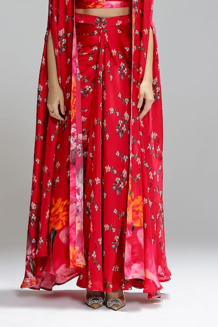 Shop_Studio Surbhi_Red Georgette, Satin Open Neck, Flora Pattern Shrug And Flared Skirt Set _Online_at_Aza_Fashions