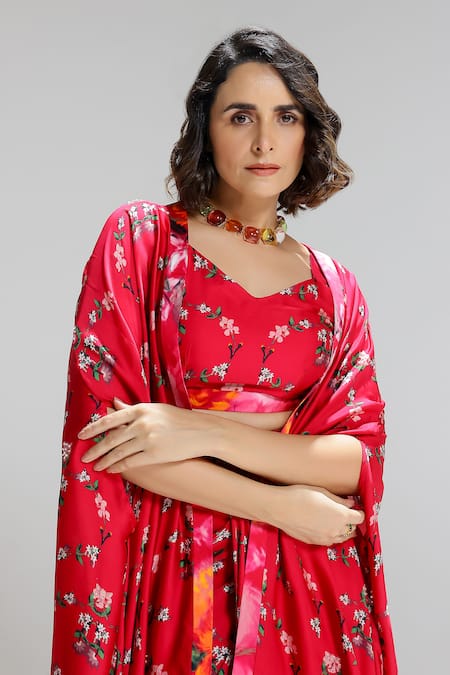 Studio Surbhi_Red Georgette, Satin Open Neck, Flora Pattern Shrug And Flared Skirt Set _at_Aza_Fashions