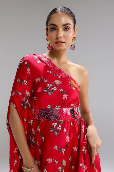 Studio Surbhi_Fuchsia Georgette, Satin Beads, Embroidery One Shoulder Flared Gown _Online_at_Aza_Fashions