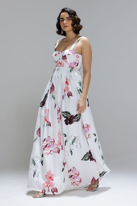 Studio Surbhi White Cotton, Silk Scoop Neck Printed Dress 