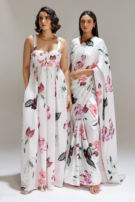 Shop_Studio Surbhi_White Cotton, Silk Scoop Neck Printed Dress _Online_at_Aza_Fashions