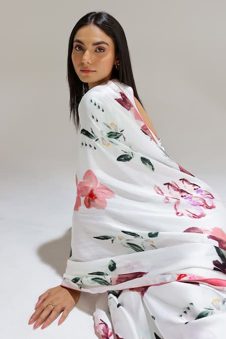 Studio Surbhi_White Georgette, Satin V-neck Flora Print Saree With Blouse _Online_at_Aza_Fashions
