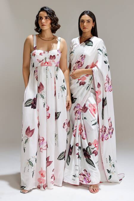 Shop_Studio Surbhi_White Georgette, Satin V-neck Flora Print Saree With Blouse _Online_at_Aza_Fashions