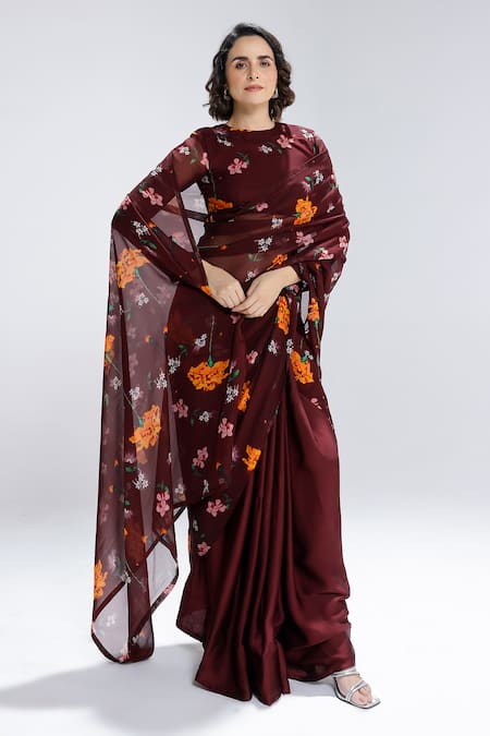 Studio Surbhi Maroon Organza, Satin, Georgette Round Neck Flower Print Saree With Blouse 