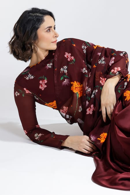 Studio Surbhi_Maroon Organza, Satin, Georgette Round Neck Flower Print Saree With Blouse _Online_at_Aza_Fashions