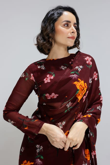 Shop_Studio Surbhi_Maroon Organza, Satin, Georgette Round Neck Flower Print Saree With Blouse _Online_at_Aza_Fashions