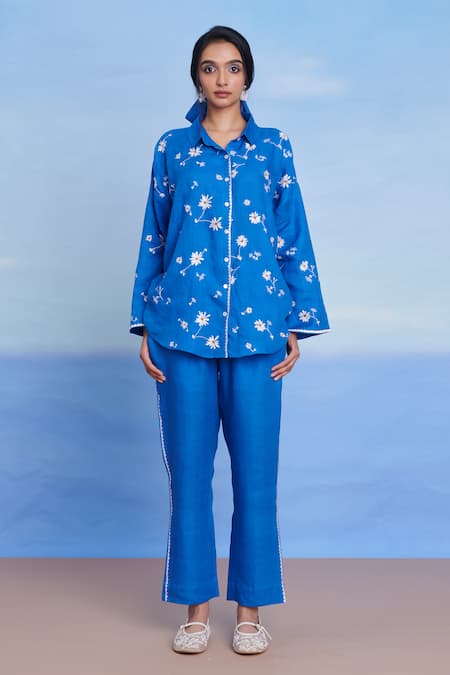 Buy Saphed Blue Linen Embroidery Collared Santorini Oversized Shirt Online at Aza Fashions Buy_Saphed_Blue Linen Embroidery Collared Santorini Oversized Shirt _Online_at_Aza_Fashions
