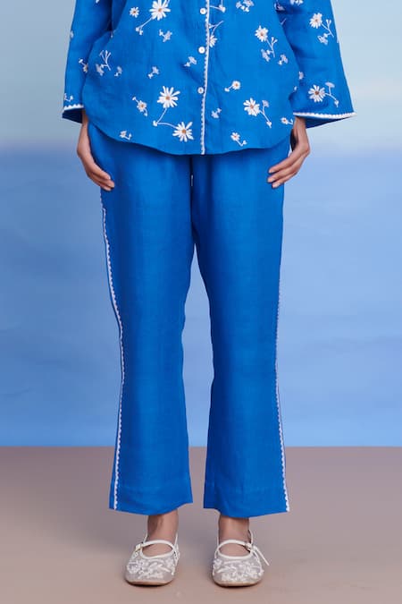 Saphed Blue Linen Piping Santorini Pleated Pant Online at Aza Fashions Saphed_Blue Linen Piping Santorini Pleated Pant _Online_at_Aza_Fashions