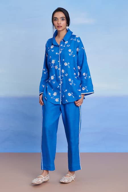 Saphed Blue Linen Piping Santorini Pleated Pant