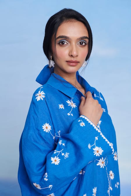 Shop Saphed Blue Linen Embroidery Collared Santorini Oversized Shirt Set Online at Aza Fashions Shop_Saphed_Blue Linen Embroidery Collared Santorini Oversized Shirt Set _Online_at_Aza_Fashions
