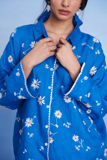 Saphed Blue Linen Embroidery Collared Santorini Oversized Shirt Set at Aza Fashions Saphed_Blue Linen Embroidery Collared Santorini Oversized Shirt Set _at_Aza_Fashions