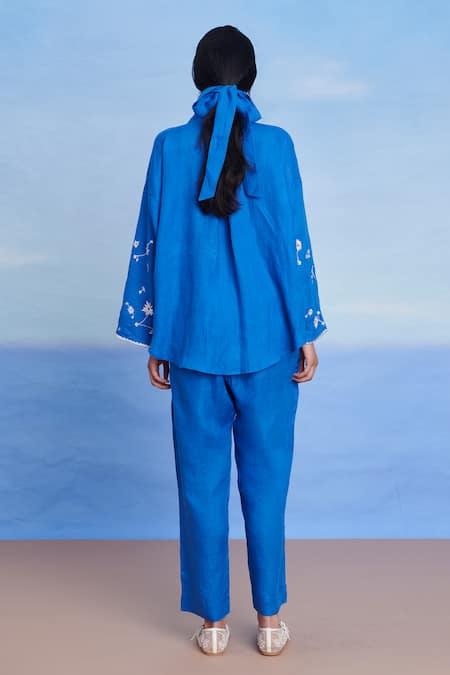 Shop Saphed Blue Linen Embroidery Collared Santorini Oversized Shirt Set at Aza Fashions Shop_Saphed_Blue Linen Embroidery Collared Santorini Oversized Shirt Set _at_Aza_Fashions