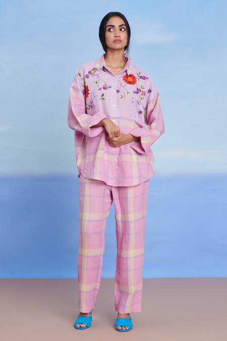 Saphed_Pink Linen Embroidery Collared Cassata Oversized Shirt _Online_at_Aza_Fashions
