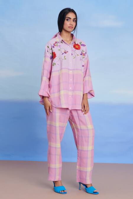 Saphed_Pink Linen Embroidery Collared Cassata Oversized Shirt _at_Aza_Fashions