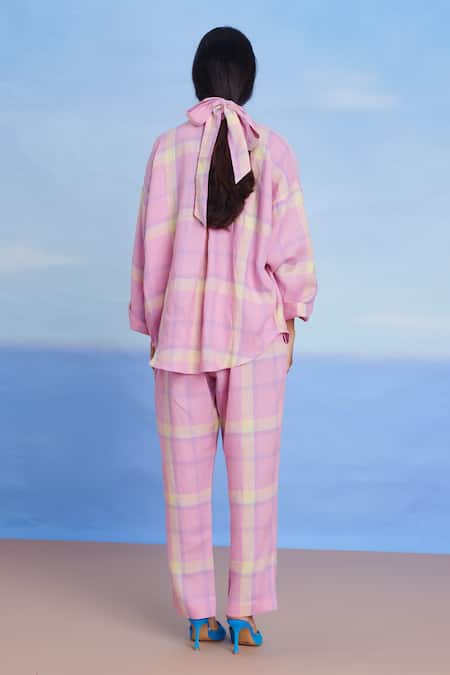Shop Saphed Pink Linen Embroidery Collared Cassata Oversized Shirt And Pant Set at Aza Fashions Shop_Saphed_Pink Linen Embroidery Collared Cassata Oversized Shirt And Pant Set _at_Aza_Fashions