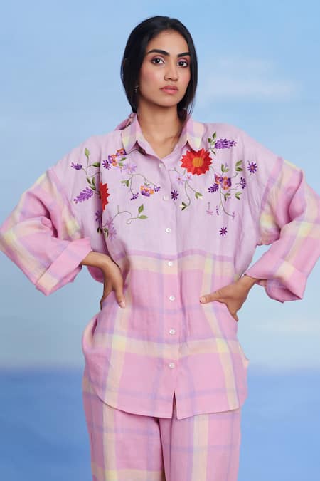 Buy Saphed Pink Linen Embroidery Collared Cassata Oversized Shirt And Pant Set Buy_Saphed_Pink Linen Embroidery Collared Cassata Oversized Shirt And Pant Set