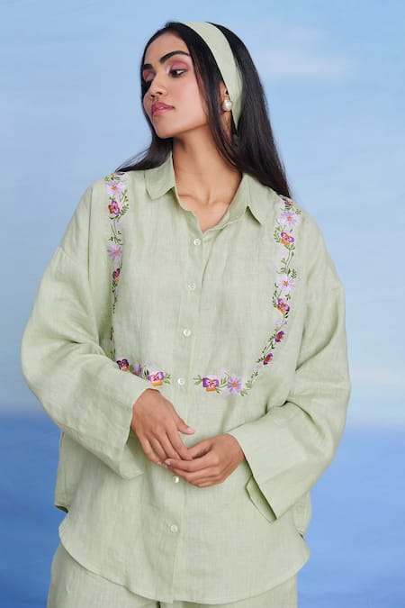 Saphed Green Linen Embroidery Collared Pista Oversized Shirt