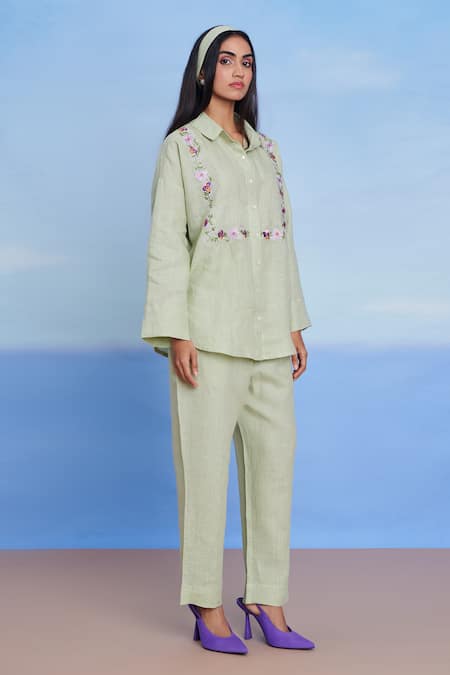 Shop_Saphed_Green Linen Embroidery Collared Pista Oversized Shirt _Online_at_Aza_Fashions