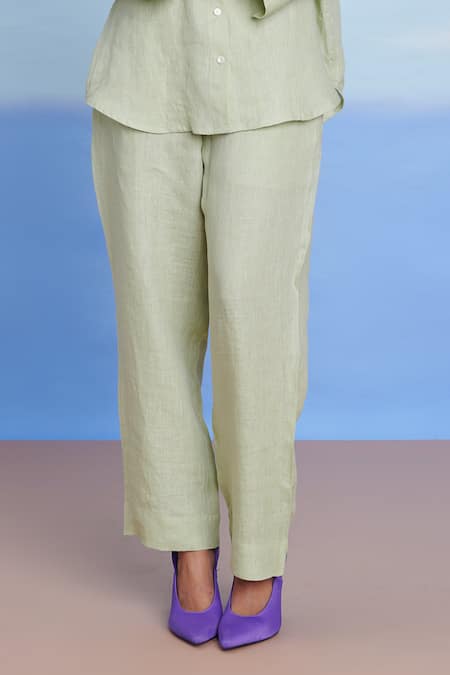 Buy_Saphed_Green Linen Pista Pleated Pants _Online_at_Aza_Fashions