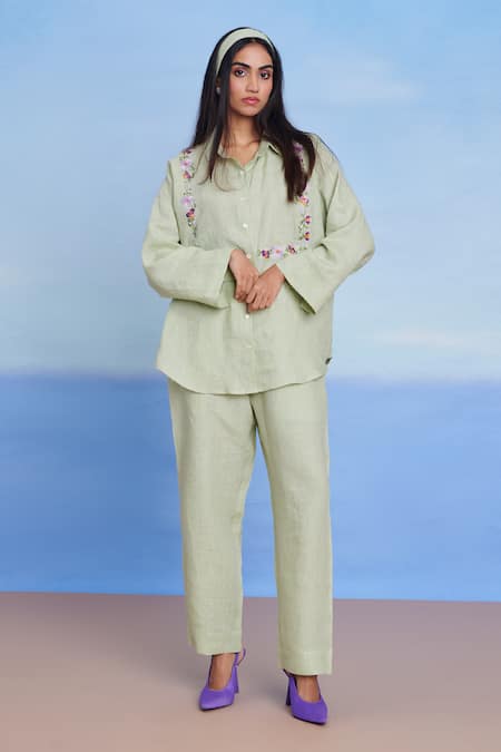 Shop_Saphed_Green Linen Pista Pleated Pants _Online_at_Aza_Fashions