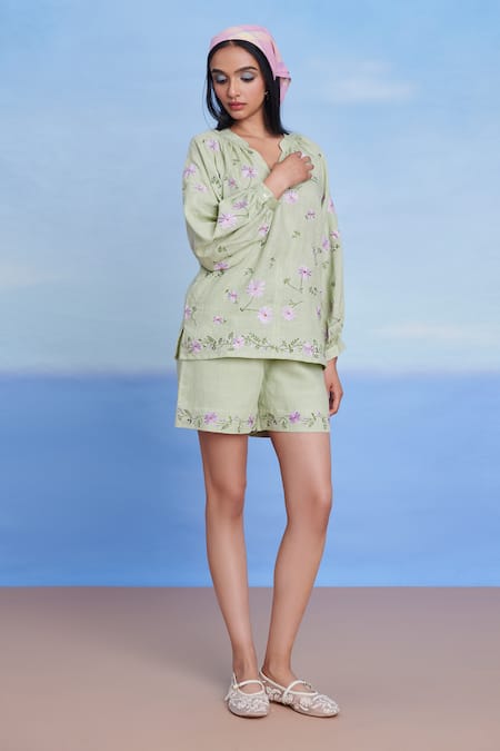 Saphed Green Linen Embroidery V-neck Pista Billow Shorts Set Online at Aza Fashions Saphed_Green Linen Embroidery V-neck Pista Billow Shorts Set _Online_at_Aza_Fashions