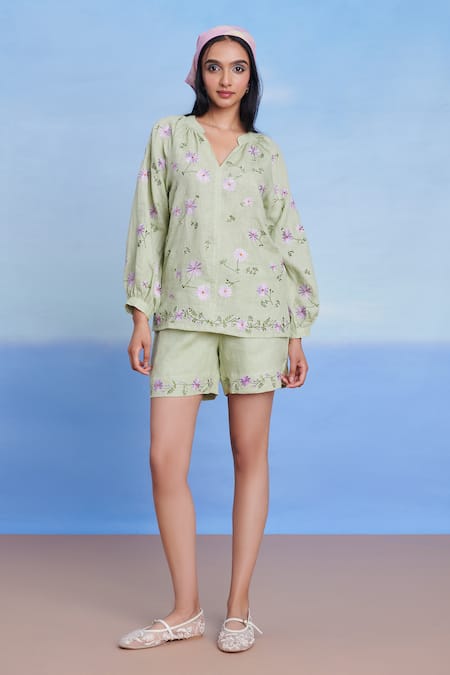 Buy Saphed Green Linen Embroidery V-neck Pista Billow Shorts Set Online at Aza Fashions Buy_Saphed_Green Linen Embroidery V-neck Pista Billow Shorts Set _Online_at_Aza_Fashions