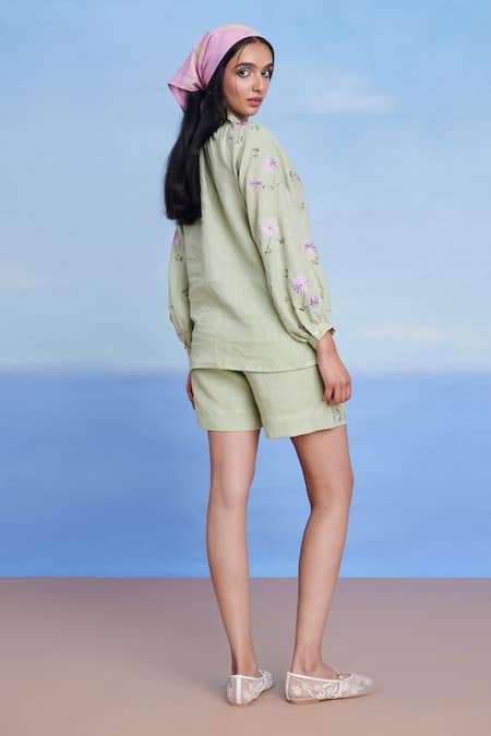 Shop Saphed Green Linen Embroidery V-neck Pista Billow Shorts Set at Aza Fashions Shop_Saphed_Green Linen Embroidery V-neck Pista Billow Shorts Set _at_Aza_Fashions