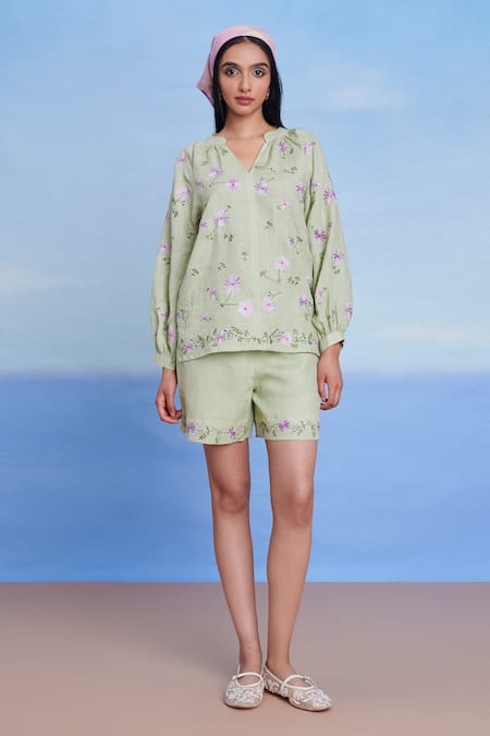 Saphed Green Linen Embroidery V-neck Pista Billow Shorts Set