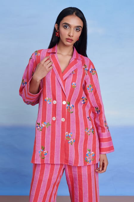 Saphed Pink Linen Embroidery Amalfi Blazer Shirt