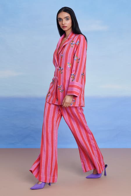 Shop Saphed Pink Linen Embroidery Amalfi Blazer Shirt Online at Aza Fashions Shop_Saphed_Pink Linen Embroidery Amalfi Blazer Shirt _Online_at_Aza_Fashions