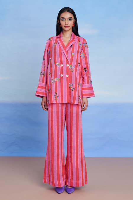 Saphed Pink Linen Embroidery Amalfi Blazer Shirt at Aza Fashions Saphed_Pink Linen Embroidery Amalfi Blazer Shirt _at_Aza_Fashions