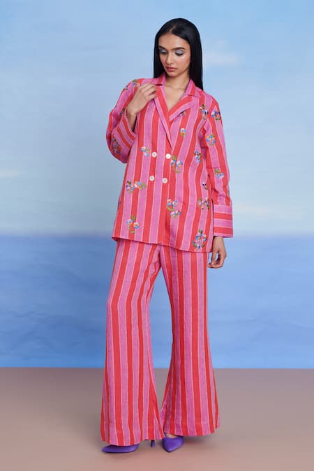 Shop_Saphed_Pink Linen Amalfi Bell Bottom Pant _Online_at_Aza_Fashions