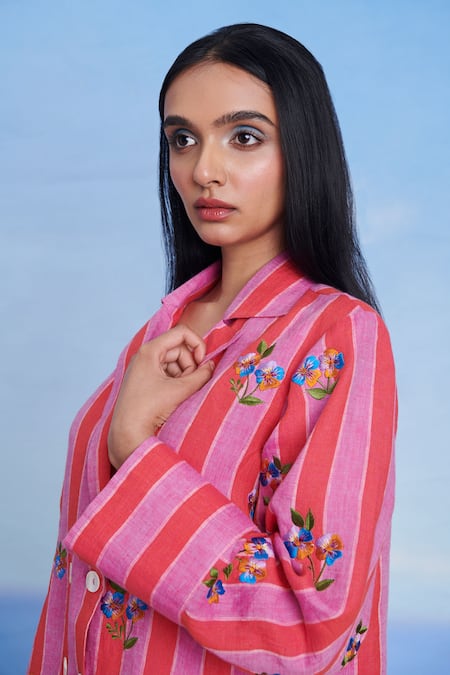 Shop_Saphed_Pink Linen Embroidery Amalfi Blazer Shirt Set _Online_at_Aza_Fashions