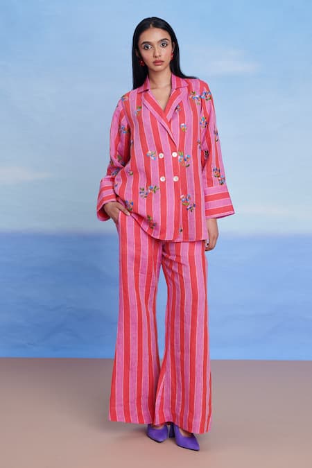 Saphed Pink Linen Embroidery Amalfi Blazer Shirt Set