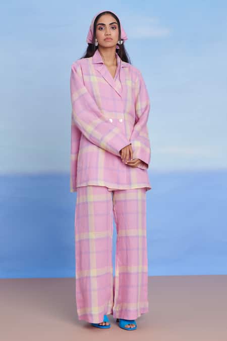 Saphed_Pink Linen Embroidery Cassata Blazer Shirt _Online_at_Aza_Fashions