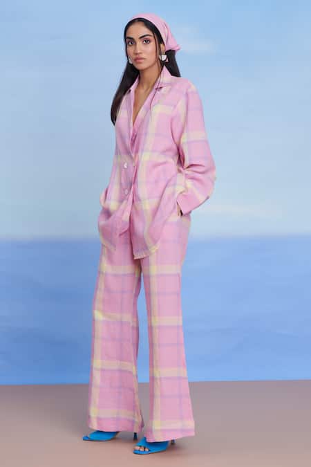 Buy_Saphed_Pink Linen Embroidery Cassata Blazer Shirt _Online_at_Aza_Fashions